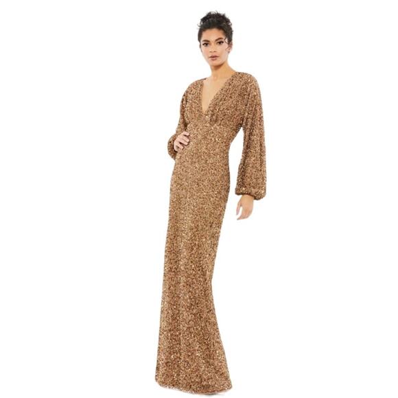 MAC DUGGAL Dress Size 6 Evening Gown Sequin Bronze Gold Puff Sleeve V Neck NEW - Picture 1 of 7